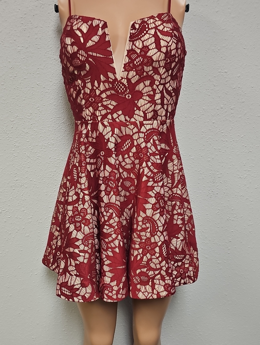 Papaya Burgundy Lace Mini Dress with Nude Underlay
